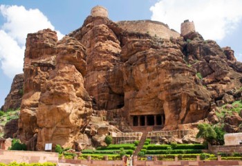 BADAMI CAVE TEMPLE: The stone peaks  carved out into beautiful cave temples